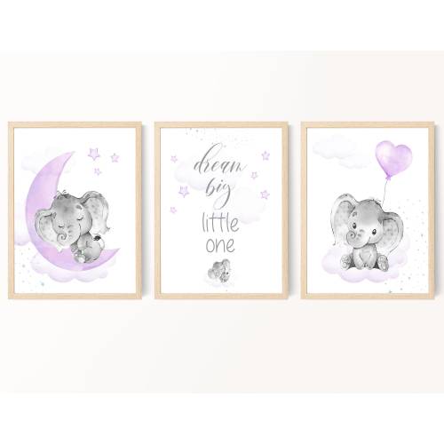 Elephant Nursery Art, Elephant Nursery Decor Girl, Dream Big Little One, Purple Nursery Wall Art, Elephant Nursery Decorations, Digital
