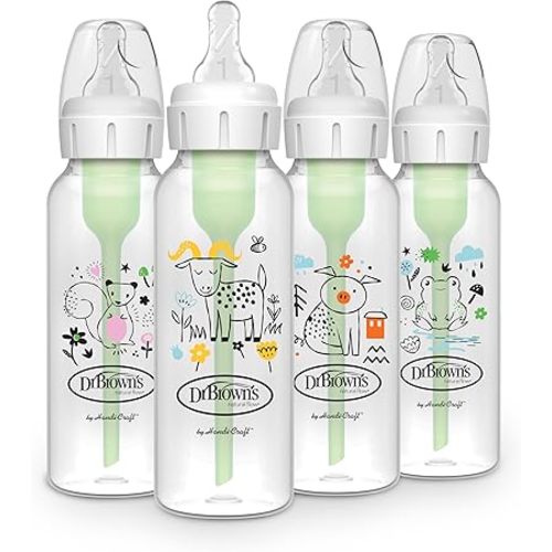 Dr. Brown's Natural Flow Anti-Colic Options+ Narrow Baby Bottle, 8 oz/250 mL, with Level 1 Slow Flow Nipple, BPA free, 0m+, Squirrel, Goat, Pig, Frog, 4-Pack