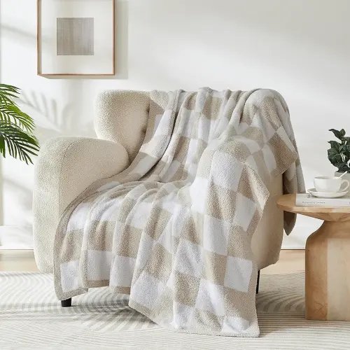 R.SHARE Beige Checkered Throw Blanket 50x70 Inch, Tan Cream and White Taupe Microfiber Lightweight Soft Comfy Cozy Fluffy Fuzzy Warm Cute Checkerboard for Couch Sofa Chair Bed