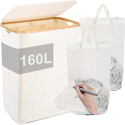 Laundry Hamper 2 Section, 160L Extra Large Laundry Basket with Lid, Double Hampers with 2 Removable Bags for Bathroom, Bedroom, Home, Toy Organizer, Beige