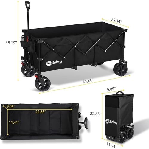 Sekey 48''L Collapsible Foldable Extended Wagon with 440lbs Weight Capacity, Heavy Duty 300L Folding Utility Garden Cart with Big All-Terrain Beach Wheels & Drink Holders. Black
