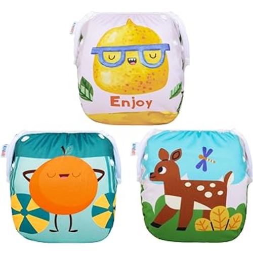 ALVABABY 3 Pack Swim Diapers, Baby/Toddler/Infant Snap Adjustable Reusable Swim Diaper Baby Gift for Boy and Girl Small 3SWY43