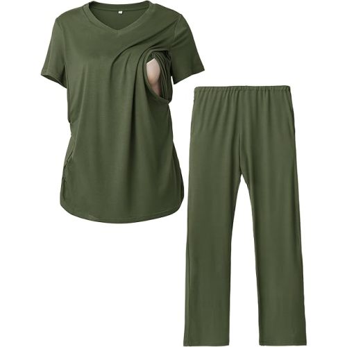 Rnxrbb V Neck Nursing Pajamas Set Postpartum Pjs Maternity Breastfeeding sleepwear for Women with Pockets 2 Pack