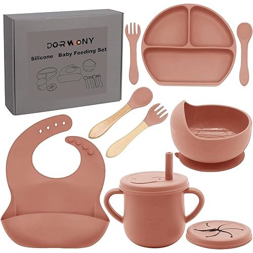 100% Silicone Baby Feeding Set,BPA Free Baby Dishes Set with Suction Bowl Divided Plate,Toddler Self Feeding Dish Set with Spoons Forks Sippy Cup and Bib, Baby Eating Utensils(Carrot)