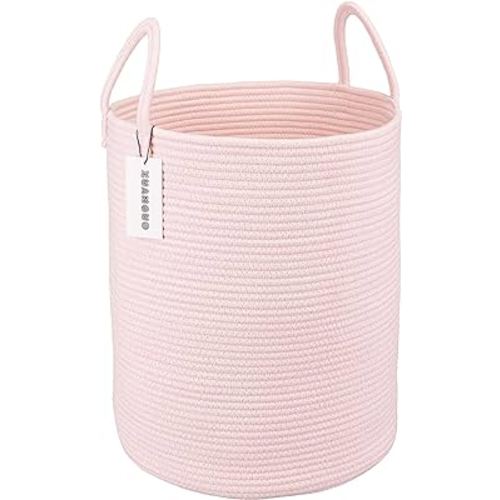 XUANGUO Cotton Rope Laundry Basket Hamper for Girls Kids Baby Nursery Hamper Bin Woven Storage Basket for Living Room Girls room Boho Tall Rope Baskets for Blanket Toys Large light pink