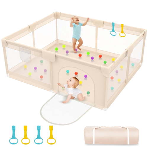 Extra Large Baby Playpen for Toddlers, 79x71 inch Safety Play Pen, Portable Playard with Zipper Door for Indoor Outdoor, Apricot