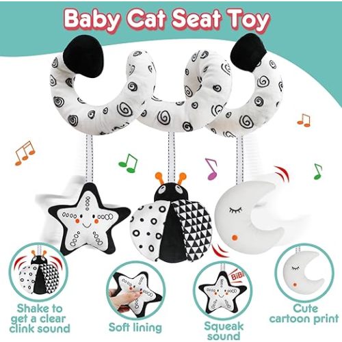 GKDOMS Baby Spiral Hanging Stroller and Car Seat Toys Black and White High Contrast Sensory Toy Newborn Plush Activity Toys Baby Shower New Year Gift for 0 3 6 9 12 Months Girls Boys-Bug