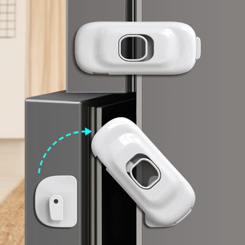 Cabinet Fridge Locks Baby Proofing, 4 Pack Child Proof Cabinet Refrigerator Locks, Baby Child Safety Frigerator Locks for Cabinets, with Strong Adhesive Pad for Draw Kitchen Oven (White, 4 Pack)