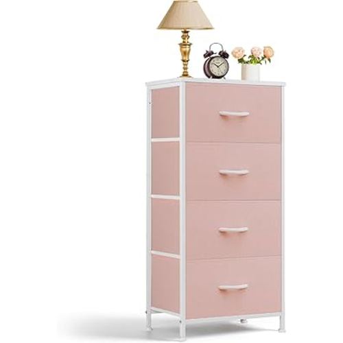 Nightstand, 4 Drawer Dresser End Table Bedside Furniture with Wooden Top Steel Frame Fabric Bins for Bedroom, Closet, Entryway, Dorm, Living Room, Pink