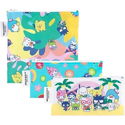 Bumkins Reusable Sandwich and Snack Bags, for Kids School Lunch and for Adults Portion, Washable Fabric, Waterproof Cloth Zip Bag, Travel Pouch, Food-Safe Storage, 3-pk Hello Kitty