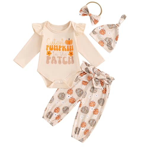 Newborn Baby Girl Halloween Outfit Ruffle Sleeve Pumpkin Face Romper Long Pants Headband 3 Piece Frist Fall Clothes