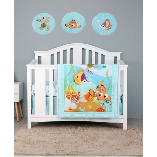 6 PCs Blue Ocean Theme Nursery Crib Bedding Set Baby Boy Embroidery Turtle Clown Fish Cot 1 Quilt Fitted Sheet Skirt 3 Canvas Wall Decor, Blue , Brown , Green , Orange, 28 X 52