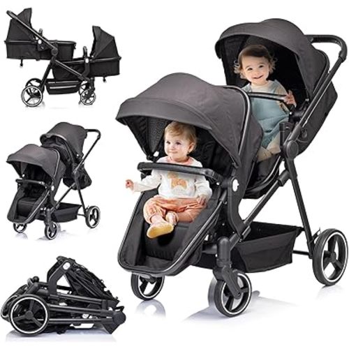 Twins Stroller,Single - Double Lightweight Travel Folding Stroller Reversible Bassinet Pram for Newborn&Toddler with 5-Point Harness,Adjustable Canopy,Guardrails,Storage