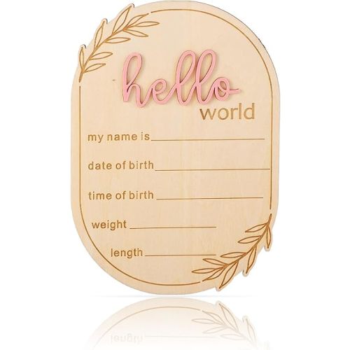 Baby Announcement Sign, 5.91x4.13in Hello World Wooden Newborn Name Sign for Birth Photo Props Baby Shower Hospital Nursery Decor Personalized Birth Keepsake (Pink)