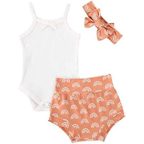Thorn Tree Newborn Baby Girls Clothes Sleeveless Solid Romper Top & Rainbow Shorts Headband 3Pcs Summer Outfits