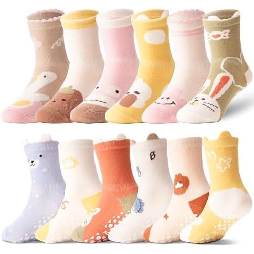 ANTSANG 12 Pairs Baby Girls Boys Toddlers Kids Grips Socks Crew Cotton Non-Slip/Anti-Skid Grips Socks
