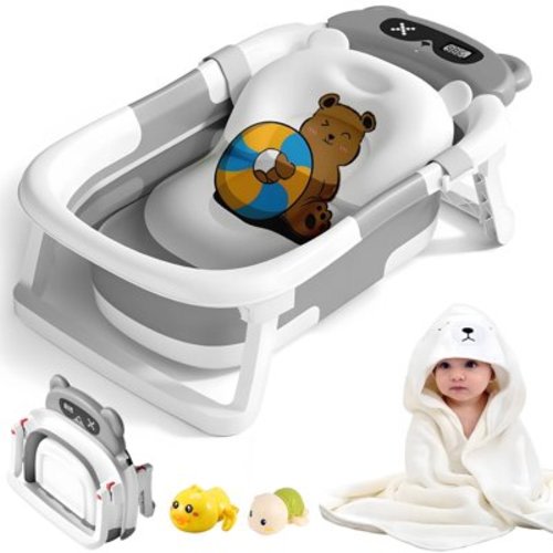 Morfone Collapsible Baby Bathtub for Newborn to Toddler 0-36 months with Thermometer, Hooded Towel, Soft Cushion and Bath Toys, Portable Travel Baby Tub with Drain Hole, Gray