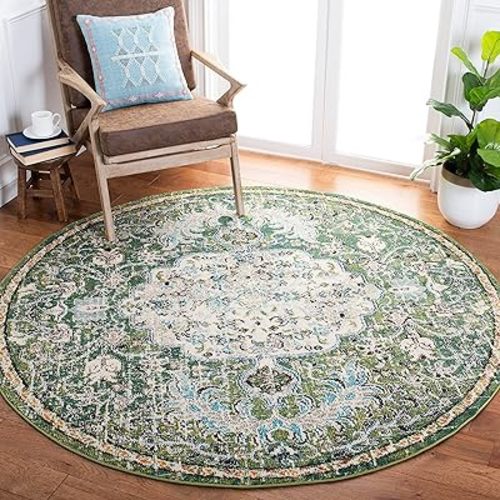 SAFAVIEH Madison Collection Area Rug - 6'7" Round, Green & Turquoise, Boho Chic Medallion Distressed Design, Non-Shedding & Easy Care, Ideal for High Traffic Areas in Living Room, Bedroom (MAD447Y)