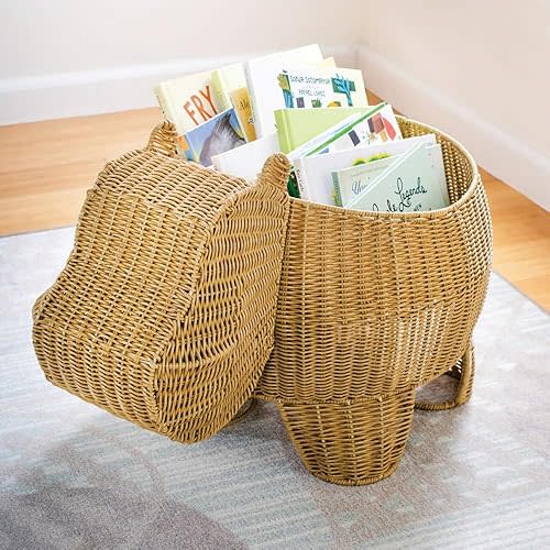 Kaplan Early Learning Hippo Washable Wicker Floor Basket | Animal-Inspired Woven Rattan Storage Bin | Home Decor Organizer