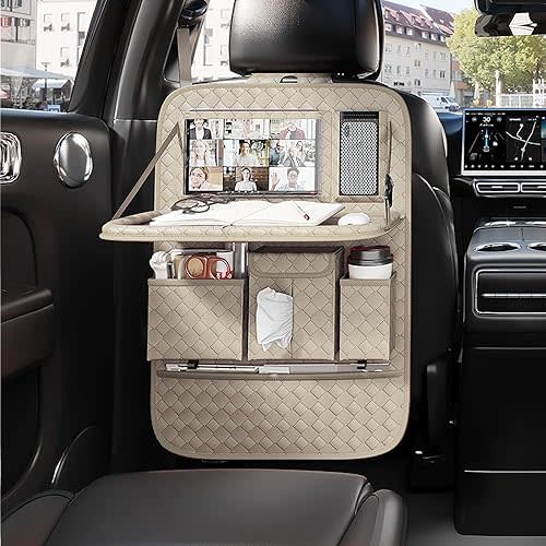 GMQ Seat Organizer 1 Pack, Car Backseat Organizer with Tray,Multifunctional Car Seat Back Storage Box Car Seat Back Storage with Foldable Tablet Holder (Beige)