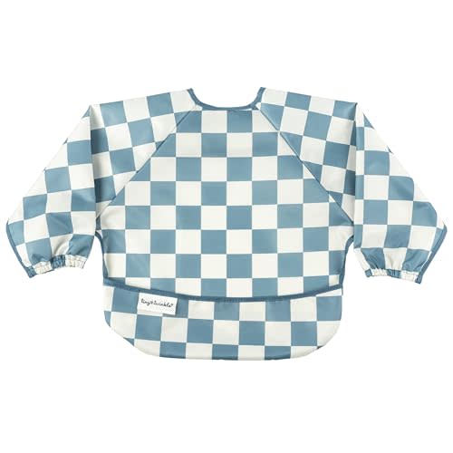 Tiny Twinkle Mess Proof Baby Bib|Waterproof Smock Bib for Eating,Machine Washable Full Sleeve with Pocket(Checkers Blue, Small 6-24 Months)