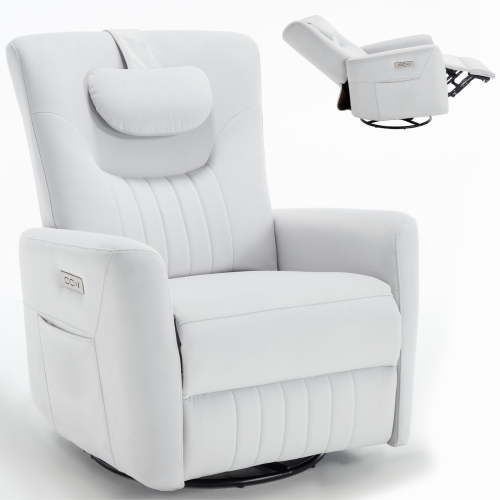 Power Swivel Recliner, Rocking Chair with Adjustable Headrest, USB and Type-C Ports, Fabric White Gray