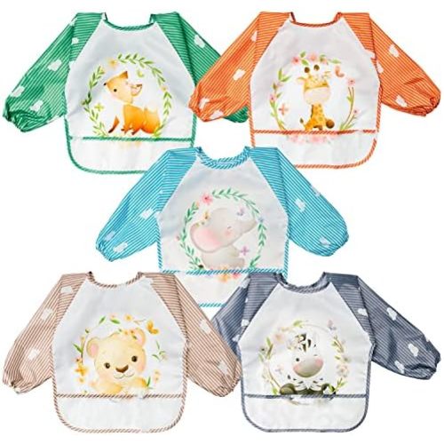 R HORSE 5Pcs Long Sleeved Bib for Babies Toddlers Waterproof Sleeved Bib with Great Capacity Pocket Gift for Baby 6-36 Months