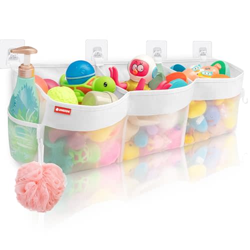 UNEEDE 3 Compartment Horizontal Bath Toy Storage,4.95 Gallons Bathtub Toy Storage Organizer,Bath Toy Holder For Bathtub,Baby Bath Toy Organizer For Tub,Mesh Shower Caddy