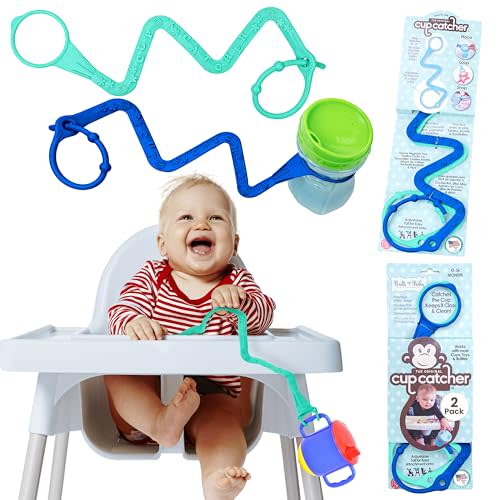 Brilli Baby Cup Catcher 2 Pack Patented Safety Tether Strap, attach Sippy Cups, Bottles, Toys, Pacifiers to Stroller, High Chair, Car Seat, Made in USA, Food grade, Dishwasher Safe (Aqua & Navy)