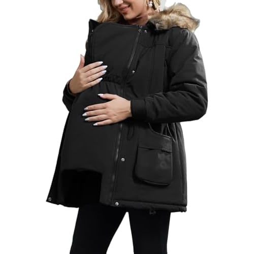 Maacie Womens Maternity 3 in 1 Thickened Outwear Fleece Lined Coat Winter Warm Hooded
