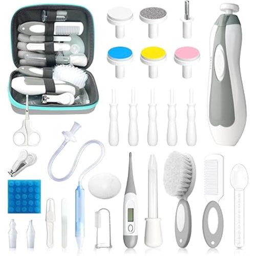 Kit de cuidado de la salud y aseo del bebé, kit portátil 28 en 1 para recortar uñas eléctrico con cepillo de alivio de gas, peine aspirador nasal para niños recién nacidos (gris blanco)