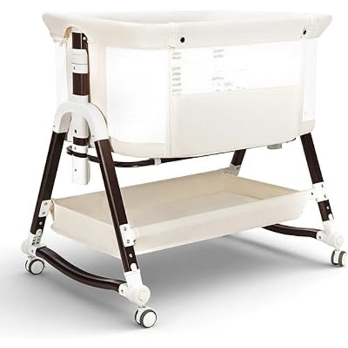4 in 1 Bedside Bassinet for Baby, Portable Baby Bassinet with Wheels, Baby Crib with Mosquito Net, Storage and Mattress Included, Foldable Travel Bassinet for Baby/Newborn (White)