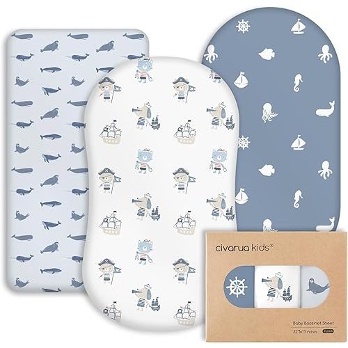 Baby Bassinet Sheets Girl Boy, Stretch Fitted Bassinet Sheet Set 3 Pack Bassinet Mattress Sheets Universal Fit for Rectangle, Round, Oval, Hourglass Mattress, Soft Breathable Blue Ocean Sailor