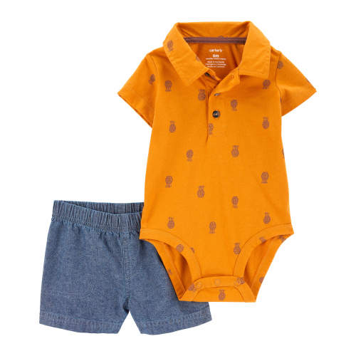 Baby 2-Piece Pineapple Polo Bodysuit & Short Set - Style,Yellow/Blue