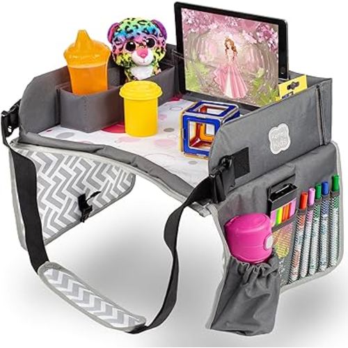 Travel Tray, Toddler Car Seat Lap Tray, Road Trip Essentials Activity Table, 16.5 x 13.5 Inches (Pink/Gray)