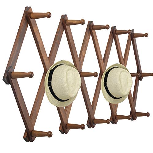 WEBI Accordion Wall Hanger,Expandable Wooden Coat Rack Wall Mounted,Hat Rack for Wall,Accordion Hook Rack for Hats,Caps,16 Peg Hooks,Walnut Color