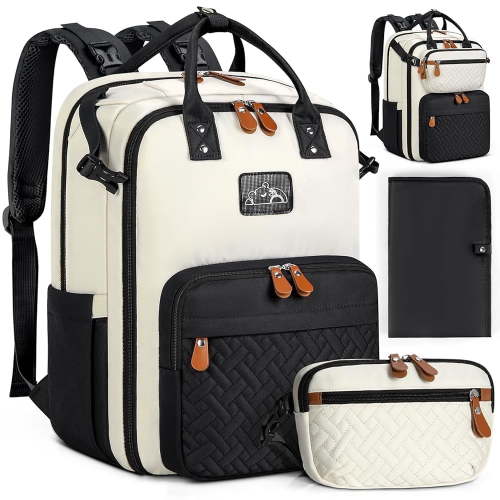 RAINSMORE Diaper Bag Backpack, Large Waterproof Bag with Changing Pad Detachable Crossbody Bag Travel Diaper Backpack Organizer