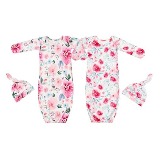 Giggle Angel Newborn Baby Sleeper Gown with Hat Knotted Gown Nightgown Coming Home Outfits for Baby Girl 2 Pieces Set