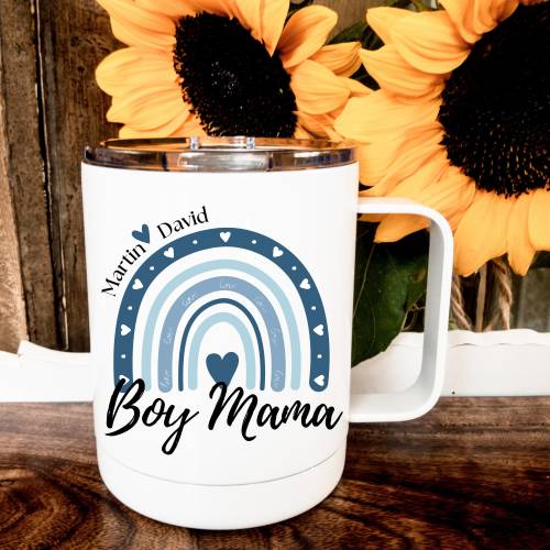 Boy Mama Coffee Mug / insulated with lid / Blue Rainbow with heart and kids names for the boy mama, PERSONALIZED, mom of boys, new mom, sons