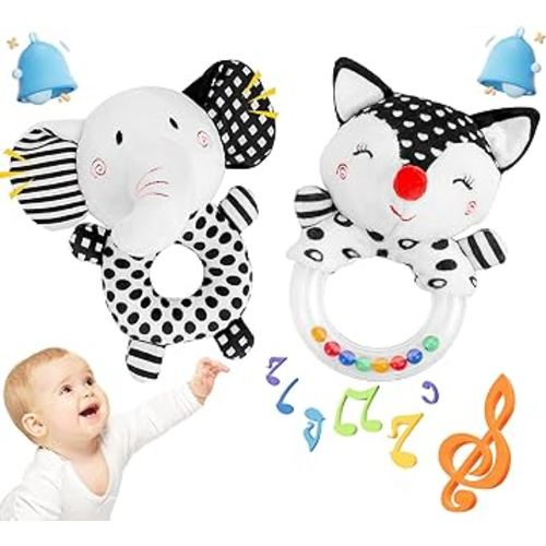 Baby Rattle Newborn Toys - Baby Rattles 0-6 Months High Contrast Black and White Toy 0-3 Month Babies Montessori Toy 6 to 12 Month Infant Teether Chew Toy Plush Stuffed Animal Shower Gift