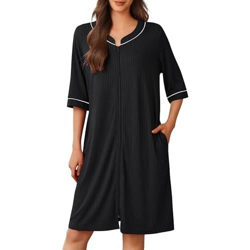 Ekouaer Women Robes Zipper Front 3/4 Sleeve Housecoat Zip Up Bathrobes Lightweight Nightgown with Pockets S-XXL