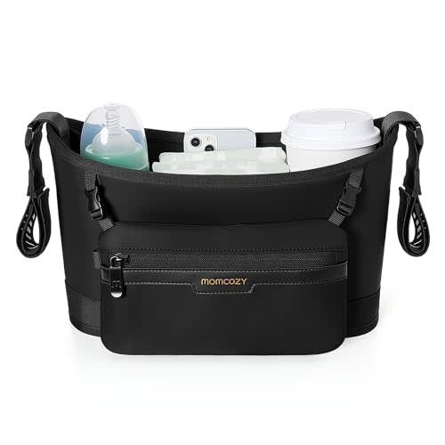 Momcozy Universal Stroller Organizer | Minimalist Caddy with 2 Insulated Bottle Holder | Silicone Anti-Slip Straps | Detachable Mini Pouch | Durable Dense-Weave, Fits for UPPAbaby/Doona & More