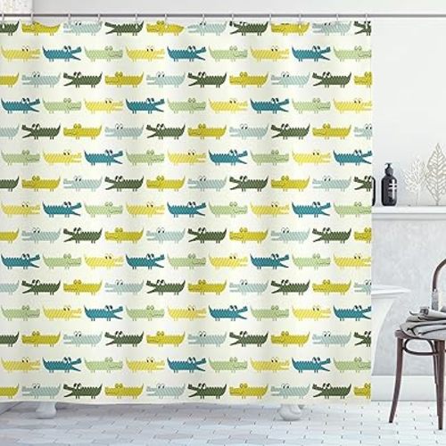 Ambesonne Animal Shower Curtain, Crocodile Characters in Cartoon Style Funny Faces Animal Alligators, Cloth Fabric Bathroom Decor Set with Hooks, 69" W x 70" L, Yellow Green Teal