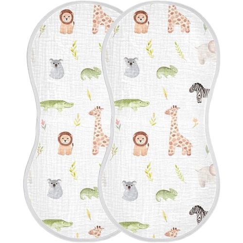 Muslin Baby Burp Cloths Set of 2, Soft Absorbent Safari Animals Muslin Washcloths, Bibs, Face Towel for Newborn Boys Girls, 22 x 11 Inch