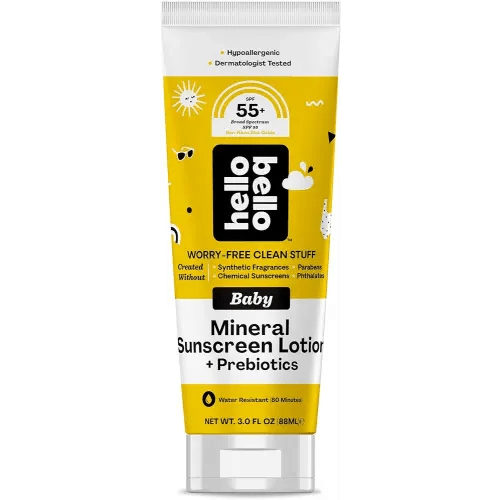 Hello Bello Mineral SPF 55+ Sunscreen Lotion with Prebiotics I Water Resistant and Reef Friendly Sun Protection for Babies and Kids I 3 fl oz (Pack of 1)