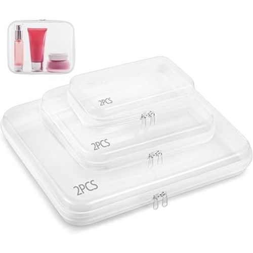 6PCS Clear Zippered Hard Pouches Cases, 3 Sizes Clear PET Hard Plastic Cosmetic Travel Bag Organizer Box Toiletry Bag, Zippered Storage Bin for Building Block Stationary