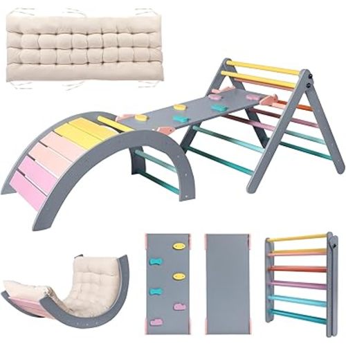 Pikler Triangle Set with Cushion Large, 5 in 1 Toddler Climbing Toys Indoor, Montessori Foldable Climbing Set for Kids, Wooden Playground Jungle Gym with Ramp, Arch and Ladder(Color-A)