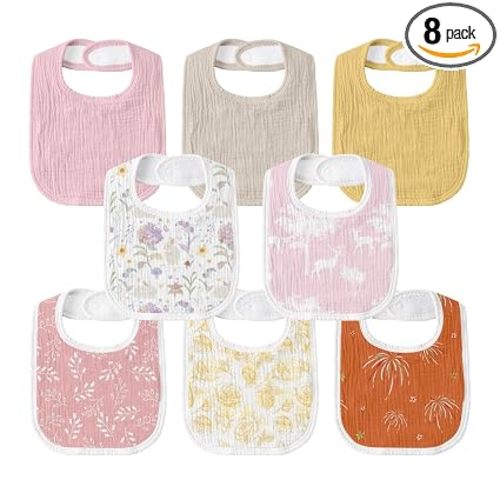 Baby Muslin Bibs 8 Pack, Drooling and Teething Bibs for Baby Girl, Absorbent, Soft Organic Cotton, Adjustable Bandana Bib for Newborn, Toddler, Infant 0-36 Months, Pink Flowers