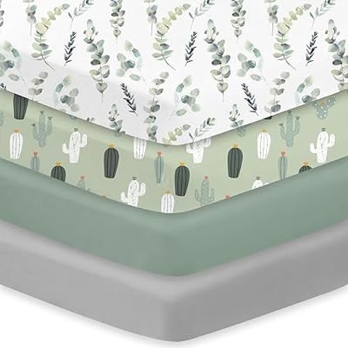 Little Grape Land Crib Sheets 4 Pack, Baby Crib Sheet Set for Standard Crib & Toddler Mattress, Super Soft Breathable Crib Mattress Sheets Fitted Girl & Boy, Leaves/Cactus/Green/Grey Set