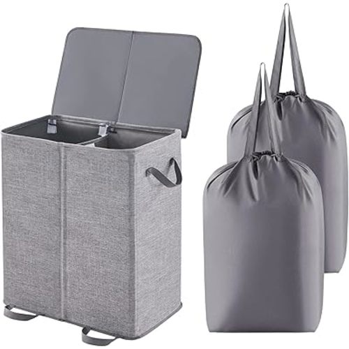 Lifewit Double Laundry Hamper with Lid and Removable Laundry Bags, Large Collapsible 2 Dividers Dirty Clothes Basket with Handles for Bedroom, Laundry Room, Closet, Bathroom, College, 136L Grey